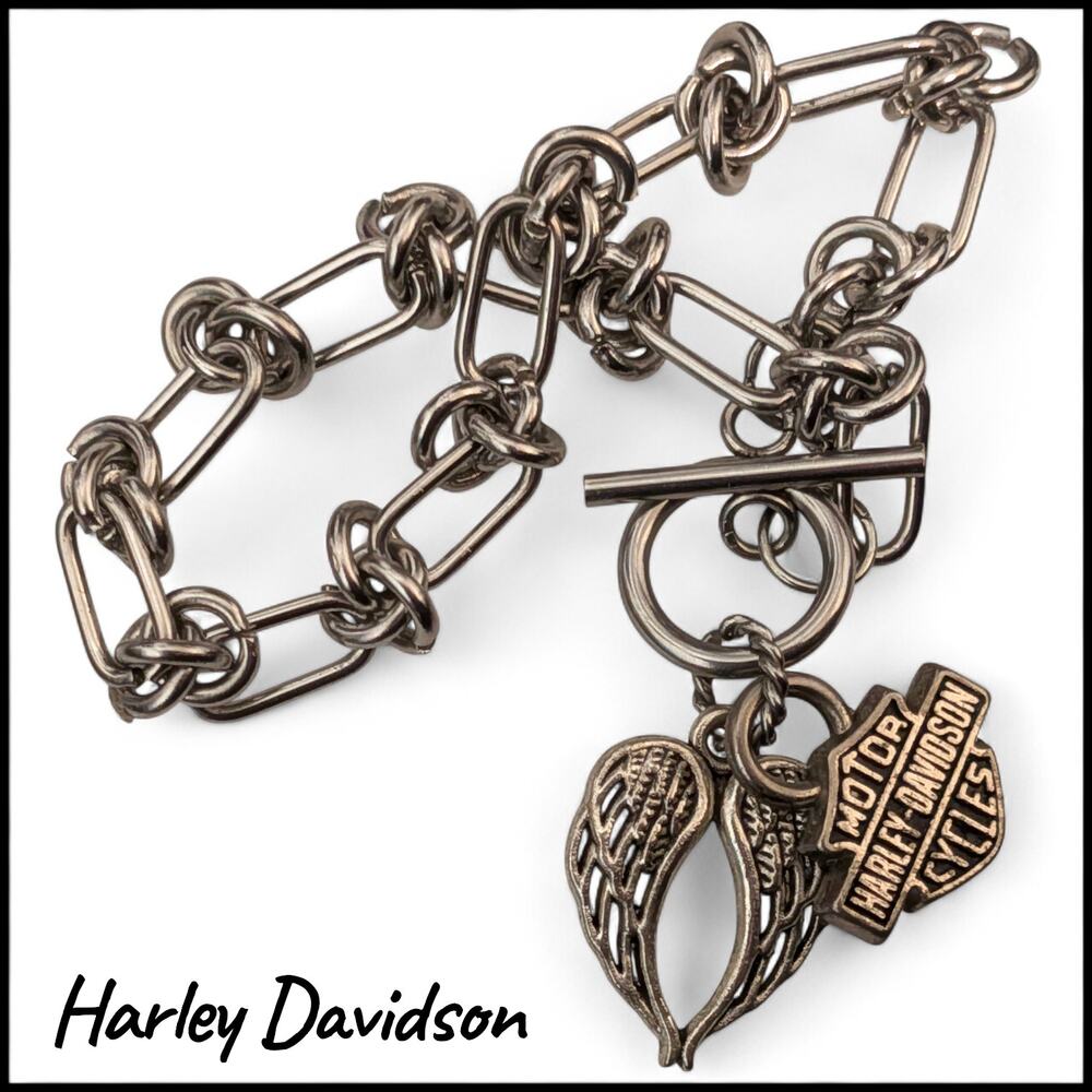 HARLEY DAVIDSON Bar & Shield + Wings Charm Bracelet Stainless Steel Chain Biker